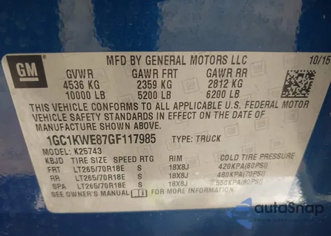 2016 Chevrolet Silverado 2500Hd Ltz z USA, uszkodzony, nr VIN 1GC1KWE87GF117985